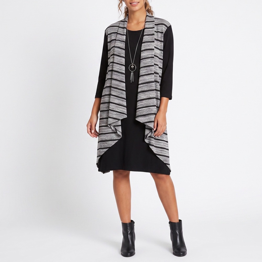 HAANI Cardigan Set Womens 2X Draped Open Front Black Grey Striped Good